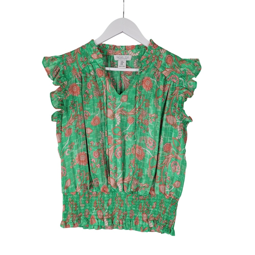Rachel Zoe Blouse Womens Medium Green Floral Smocked Waist Ruffle Cap Sleeve Top